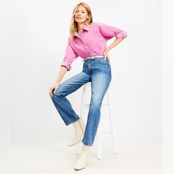 LOFT Pearl High Rise Straight Jeans in Authentic Vintage Mid Wash Embellished - Picture 3 of 11